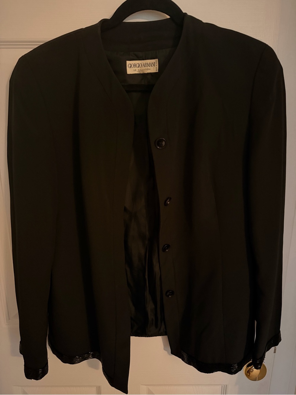 Vintage Giorgio Armani Black Collarless Button-Front Blazer